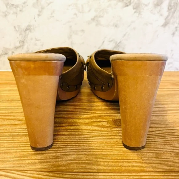Enzo Angolini Brown Tan Leather Wood Heel Clogs Heels Pumps Size 9.5 - Picture 4 of 7